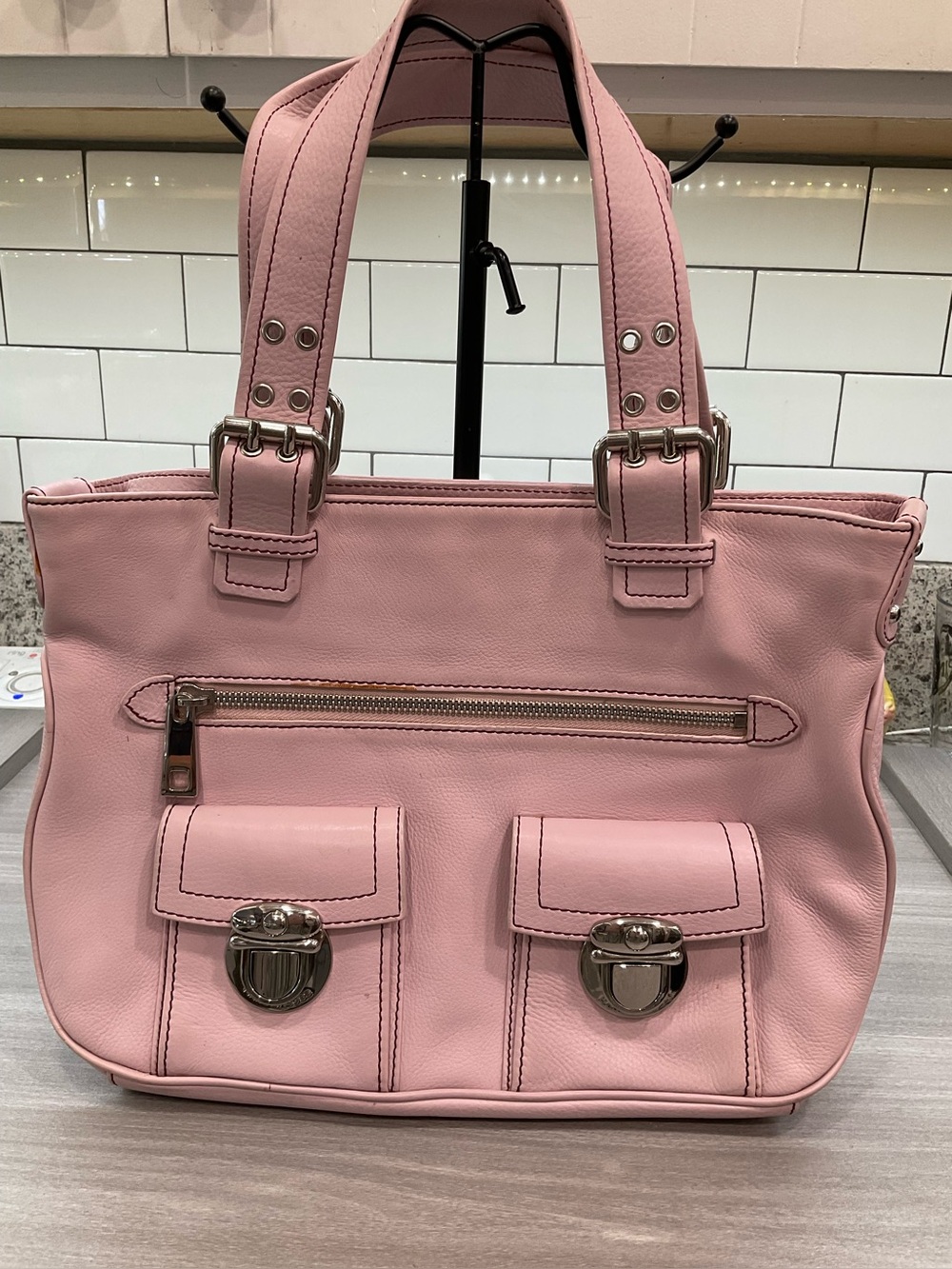 VINTAGE MARC JACOBS PALE PINK LEATHER STELLA TOTE RED SUEDE LEATHER INTERIOR